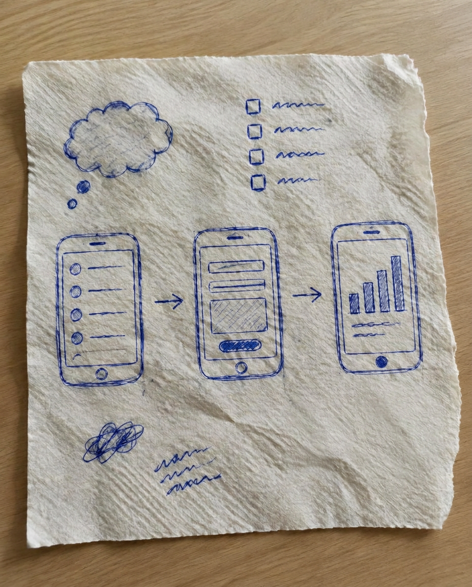 A crumpled napkin covered in hand-drawn app ideas: a thought cloud, a checkbox list, and rough phone wireframe sketches